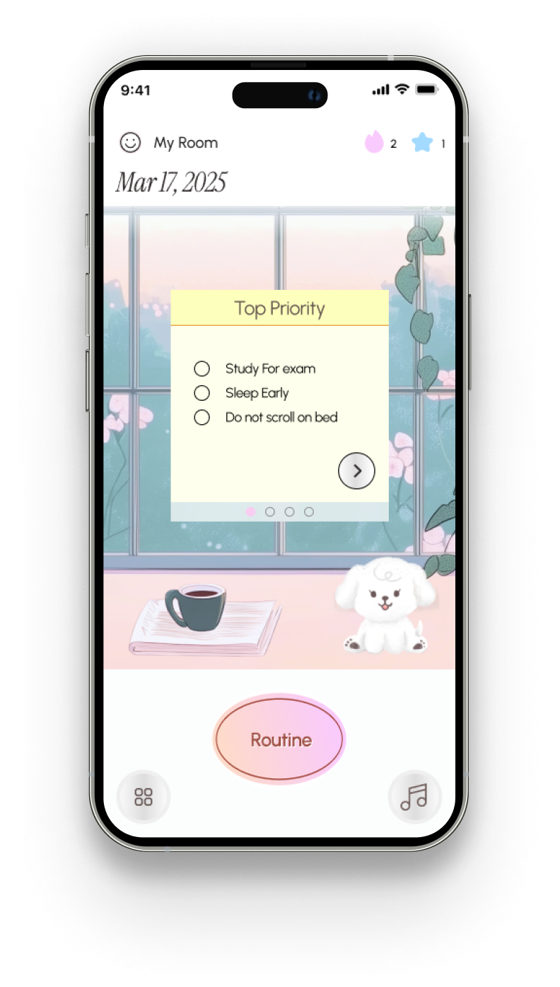Today's priorities displayed in your personal Be Present room