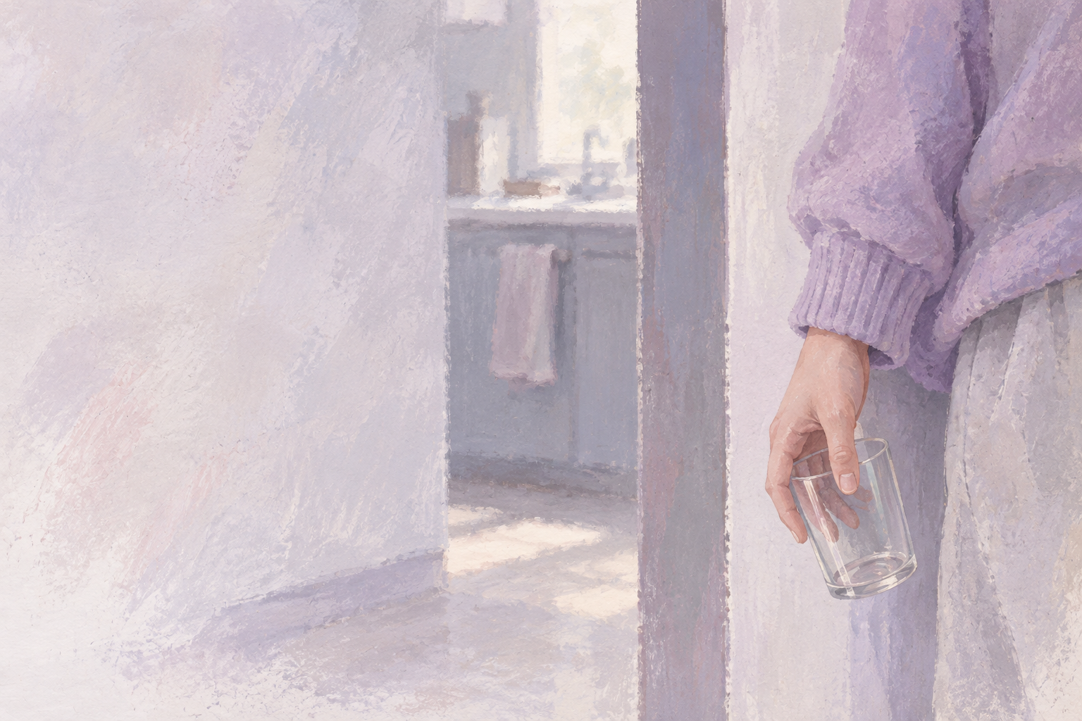 A hand holds an empty glass beside a doorway, with a pale kitchen beyond.