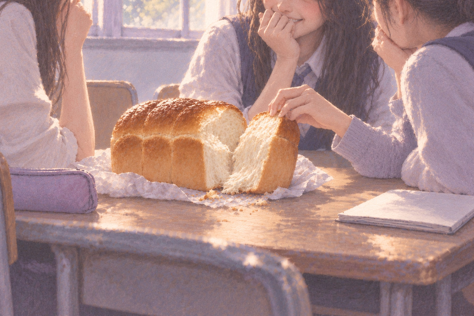 Three schoolgirls gather around a loaf of bread and a notebook at a classroom desk, their eyes out of frame.