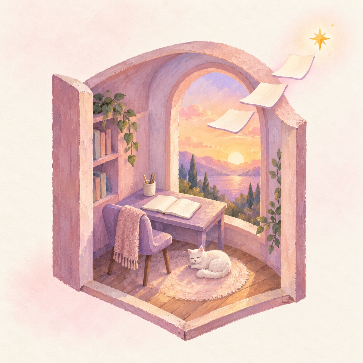 A little illustrated room with a desk, a sleeping cat and a sunrise beyond the window