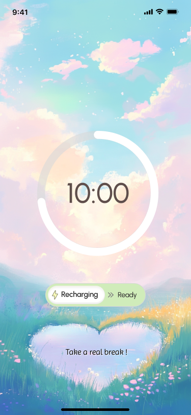 Be Present's ten-minute break timer with a peaceful illustrated sky